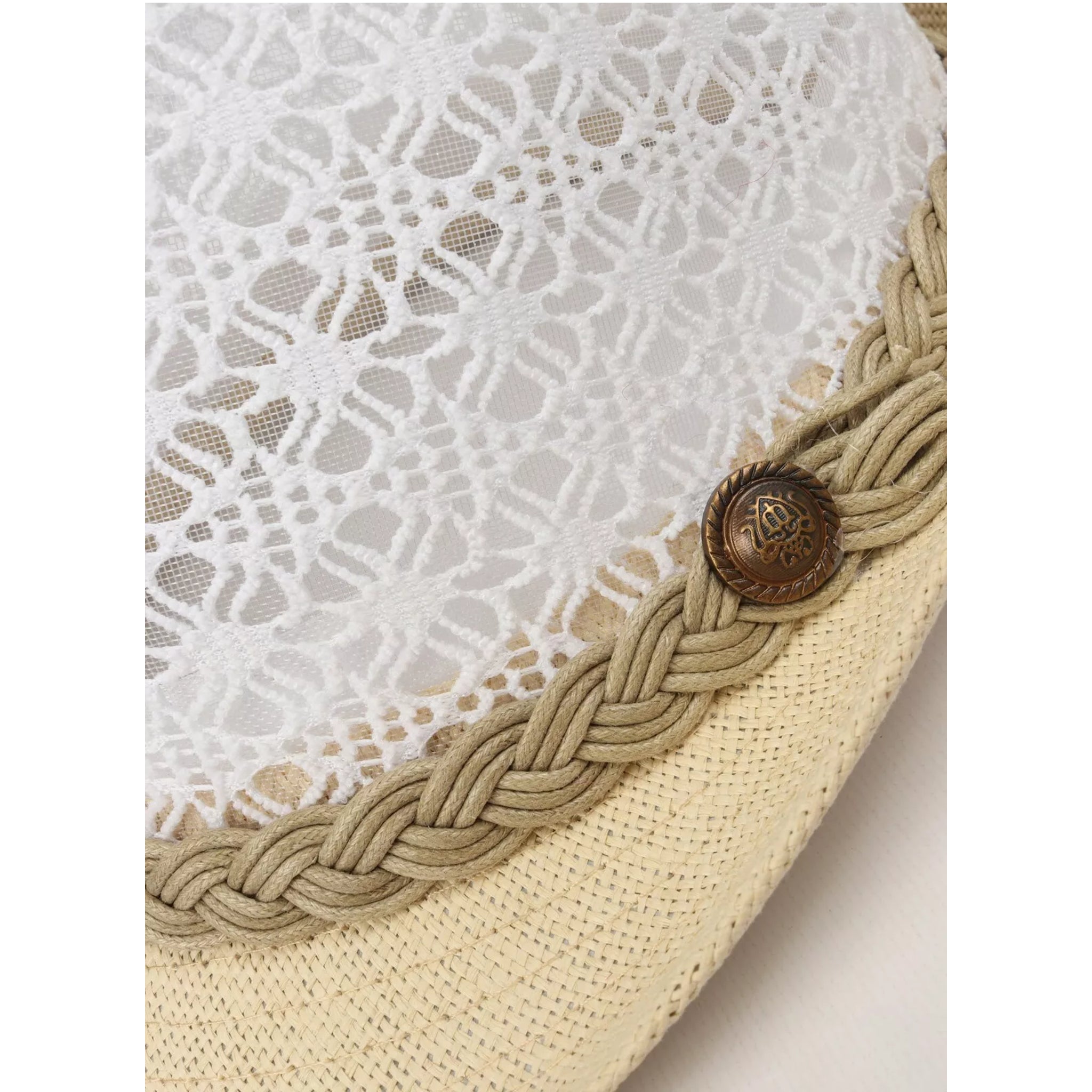Ladies lace effect trilby sun hat in white with woven braid band and button detail